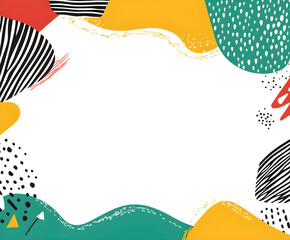 Abstract flat background, frame of lines, shapes, dots with copy space. Graphic. Red, yellow, green colors. Memphis style, minimalism. Design for letterhead, presentation, poster, banner, invitation