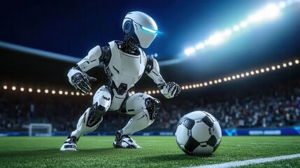 A futuristic robot prepares to kick a soccer ball on a well-lit field, surrounded by an enthusiastic crowd at a night match.