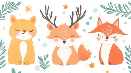 Playful Cartoon Animals Featuring a Fox, Deer, and a Cat with a Nature Background
