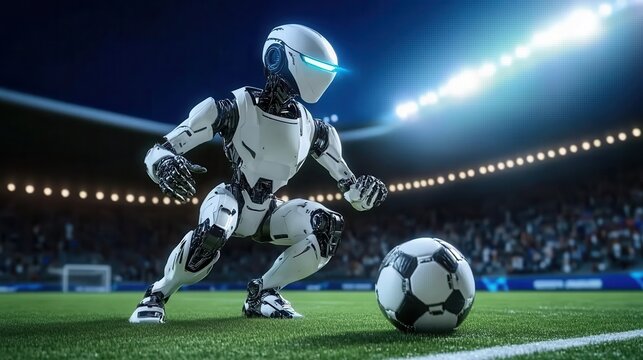 A futuristic robot prepares to kick a soccer ball on a well-lit field, surrounded by an enthusiastic crowd at a night match.