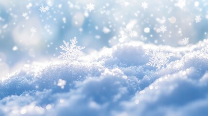 Snowflakes sparkling in sunlight on a soft winter snowy landscape