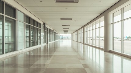 Airport Corridor, Empty, Modern, Reflective, View of Airplane Runway