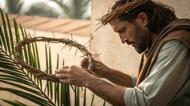 Thoughtful man crafting a thorn crown with palms while reflecting on faith, depicting devotion and artistry against a humble backdrop.