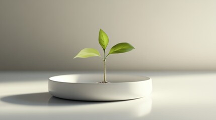 Small green sprout growing in white ceramic bowl on soft blurred background