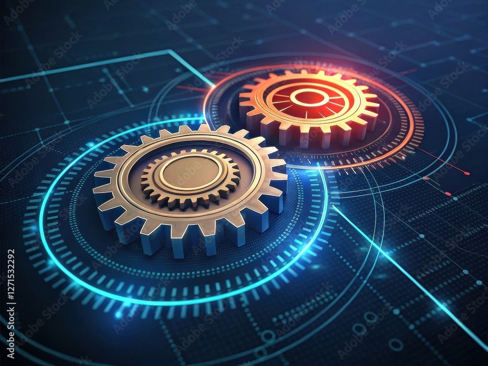 Poster two interconnected gears with glowing edges, set against a digital background, symbolize technology 