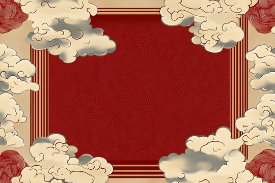 Golden asian chinese new year celebration frame background, abstract red Japanese cloud wave art pattern design backdrop, traditional lunar festival empty rectangle border wallpaper