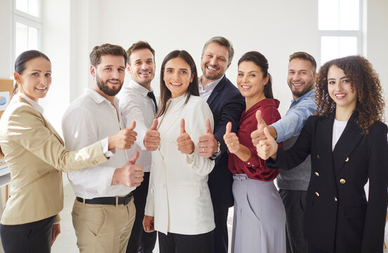 Happy business approve, leaders with employees group showing thumbs, professional office team people recommend best corporate service, proud or good career, human resource company welcoming 