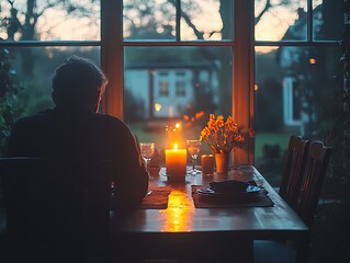 Man Sitting Alone by Candlelit Dinner Table in Evening Home Environment