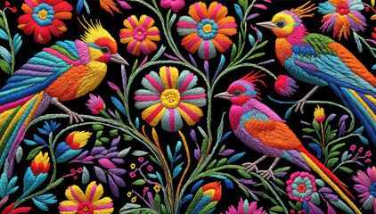 Vector traditional hungarian embroidery. Bright floral ornament with birds on dark background © Nastasja
