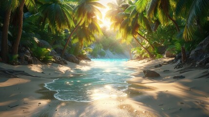 A coconut grove near the beach, tropical paradise vibes, golden sunlight filtering through, photorealistic