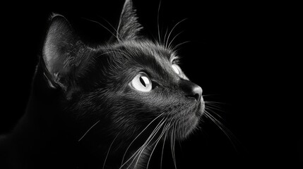 Black cat portrait, looking up, dark background, close-up, for use in an animal theme publication or website