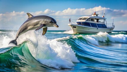 Fototapeta premium Oceanic marvel a playful dolphin leaps from a vibrant wave, a vessel gently gliding in the background.