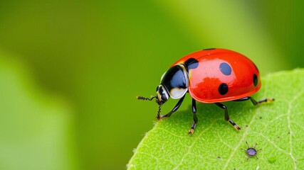 Fototapeta premium Details of a vibrant red ladybug crawling on a green leaf, garden, red