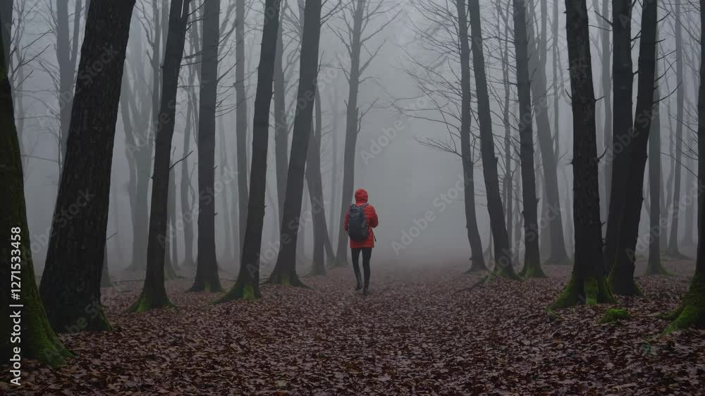 Poster misty forest adventure with a hiker in orange jacket exploring the tranquil paths among tall trees
