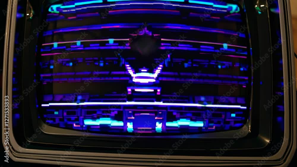 Poster Glitchy television display with colorful horizontal lines creates a retro vibe in a dimly lit room at night