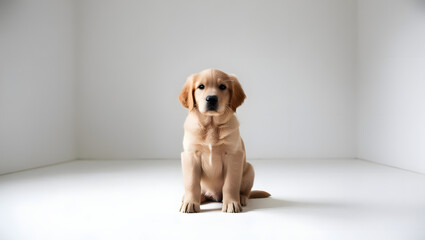 Another image of a golden retriever puppy sitting in a clean, white environment. The puppy’s soft fur, expressive eyes, and relaxed posture create a sense of comfort and innocence, making it a heartwa