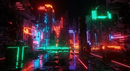 Fototapeta premium Neon Cityscape: Futuristic neon lights illuminate a bustling cityscape, showcasing the vibrant energy of urban life.