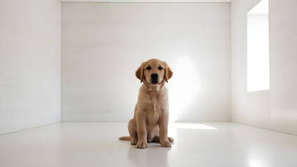 A young golden retriever puppy sits in a minimalist white space, bathed in soft lighting. Its innocent gaze and relaxed posture create a feeling of warmth, purity, and companionship. The simplicity of