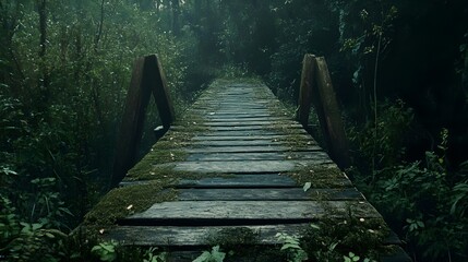 Obraz premium Serene wooden bridge surrounded by lush green forest, evoking tranquility and nature exploration