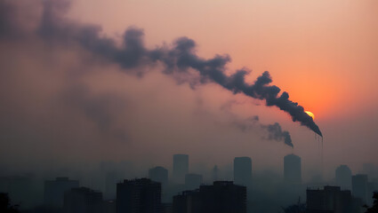 A closer view of dark smoke rising above a cityscape during sunset. The hazy atmosphere and soft pastel tones of the sky contrast with the heavy pollution, evoking a sense of environmental concern and