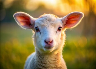 Obraz premium Adorable Fluffy Lamb Close Up Portrait, Spring Farm Animal, Cute Baby Sheep Outdoors
