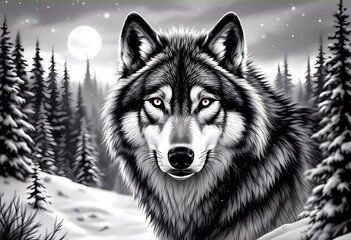 Fototapeta premium Majestic Wolf Gazes Through a Snowy Forest Under a Full Moon. Generative AI