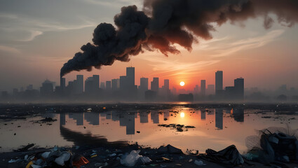 A city skyline is silhouetted against a warm sunset, but thick black smoke billows into the sky, creating a stark contrast between the natural beauty of the sunset and the ominous pollution. The refle