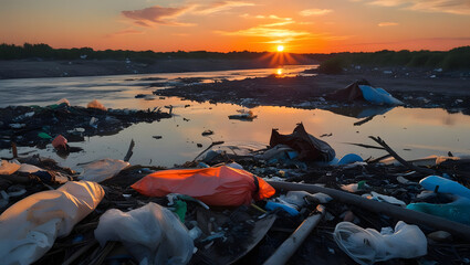 A polluted waterway is filled with garbage, reflecting the golden hues of a beautiful sunset. The contrast between nature’s beauty and human waste highlights the impact of pollution on the environment