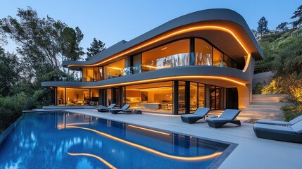 Fototapeta premium Modern hillside mansion, twilight pool