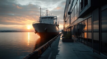Fototapeta premium A large cargo ship docked at an industrial pier under golden