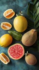 Assortment of fresh exotic fruits as background, top view