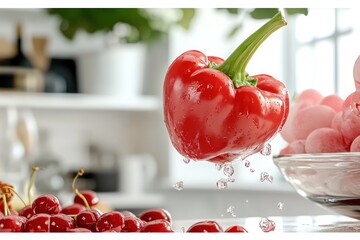 Discover the vibrant fusion of culinary art with this stunning visual A raw red bell pepper floating against a cherry pink background, a creative food concept This image captures the essence of fresh