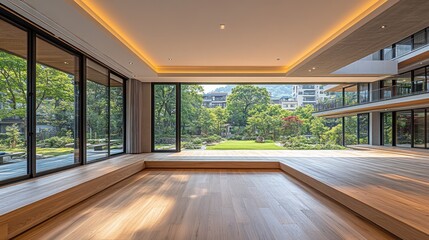 Obraz premium Modern home's sunlit garden view interior
