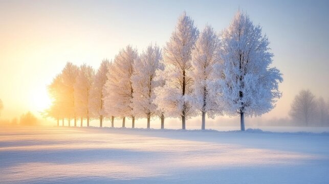 Serene winter landscape with frosted trees at sunrise