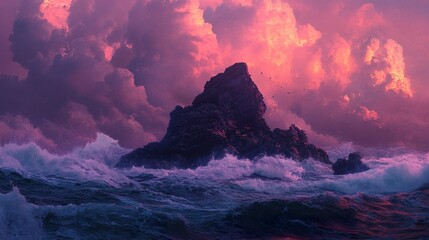 Fototapeta premium Dramatic ocean sunset, rocky outcrop, turbulent waves, fiery sky, fantasy landscape, ideal for fantasy art
