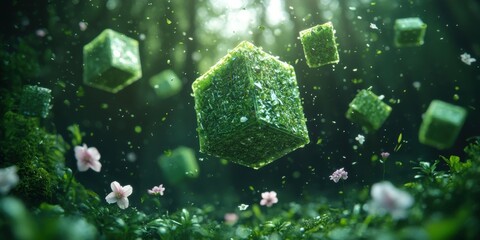 Fototapeta premium Green packaging floating through an enchanted forest showing a dissolving into nature showing a biodegradable packages turning into blooming flowers