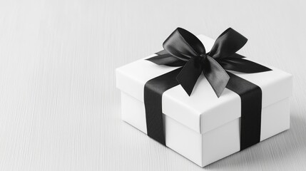 Elegant white gift box with black ribbon on wood
