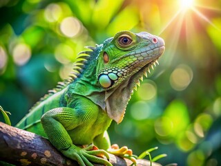Naklejka premium Adorable Green Iguana Basking on Tree Branch with Bokeh Background