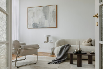 A well-balanced interior scene with warm textures, a modern sofa, and curated decorative objects...