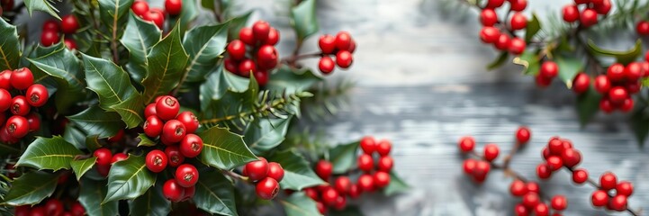 Obraz premium Festive holly plant with vibrant red berries in a natural winter setting, flora, winter