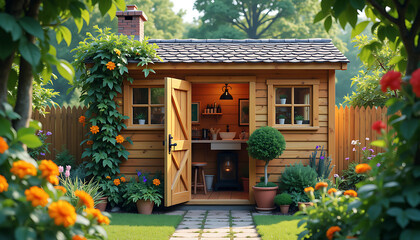 Fototapeta premium Charming wooden garden shed with open door and flowers