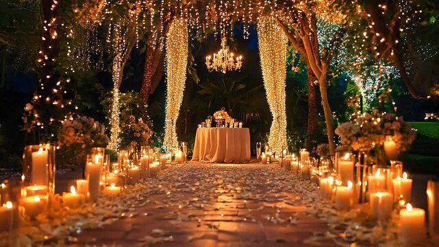 Romantic scene with candles and lights. The candle light creates the atmosphere of peace and calm. The flowers are scattered on the ground and the light shines from above