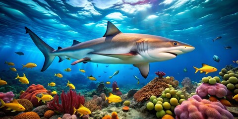Fototapeta premium Majestic Shark Gracefully Swims Above Vibrant Coral Reef Ecosystem, Small Tropical Fish Surround