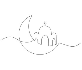 Continuous one line drawing of Crescent moon and mosque. Single line drawing illustration of Crescent moon and mosque for greeting card. Ramadan kareem concept vector art. Doodle line illustration.