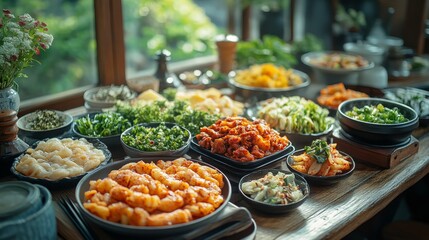 Fototapeta premium Abundant Korean food buffet spread on a rustic wooden table near a window.