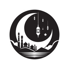 Ramadan moon Silhouette Vector Illustration, Solid White Background.