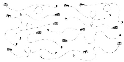 Collection of bus routes in dotted line trace. Bus route line bus tracking, location pin, bus trip, map pin on white background. Vector illustration for infographics, maps, tracks