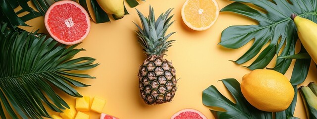 Assortment of fresh exotic fruits as background, top view