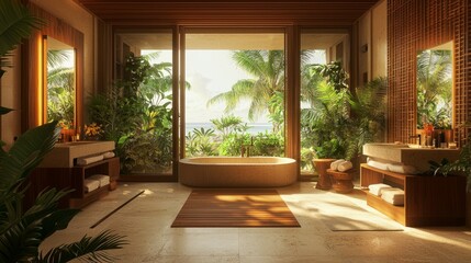 Luxurious Tropical Bathroom with Natural Light and Greenery