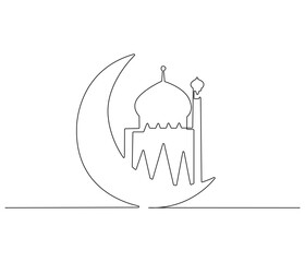 Obraz premium Continuous one line drawing of Crescent moon and mosque. Single line drawing illustration of Crescent moon and mosque for greeting card. Ramadan kareem concept vector art. Doodle line illustration.